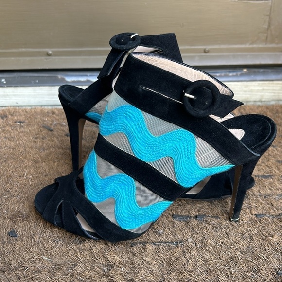 Nicholas Kirkwood Black and Turquoise Mesh Heels High Heel Peep Toe Sandals 40 - Picture 6 of 9